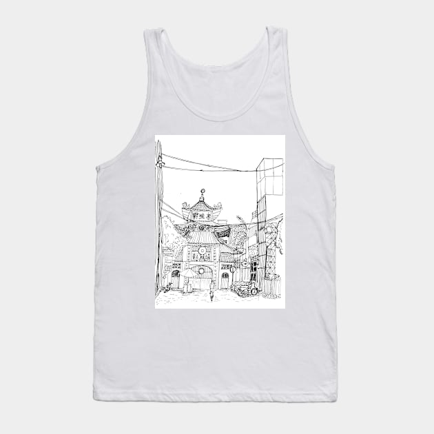 Saigon Old Temple Vietnam Pen and Ink Illustration Tank Top by Wall-Art-Sketch